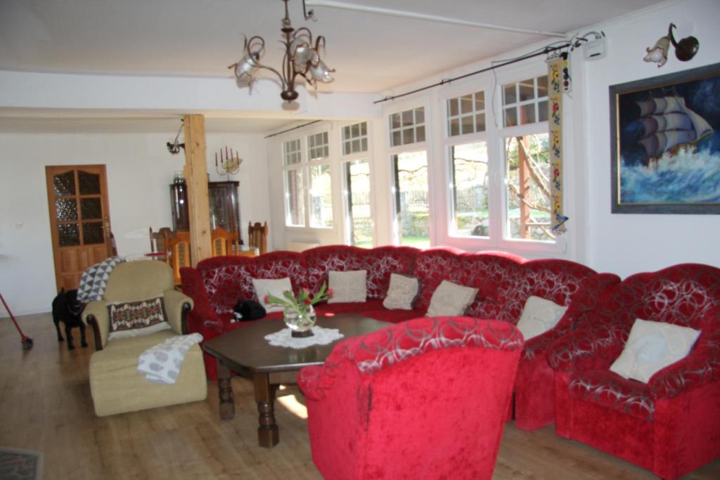 a living room with a red couch and a table at Dom na Warmii in Lidzbark Warmiński