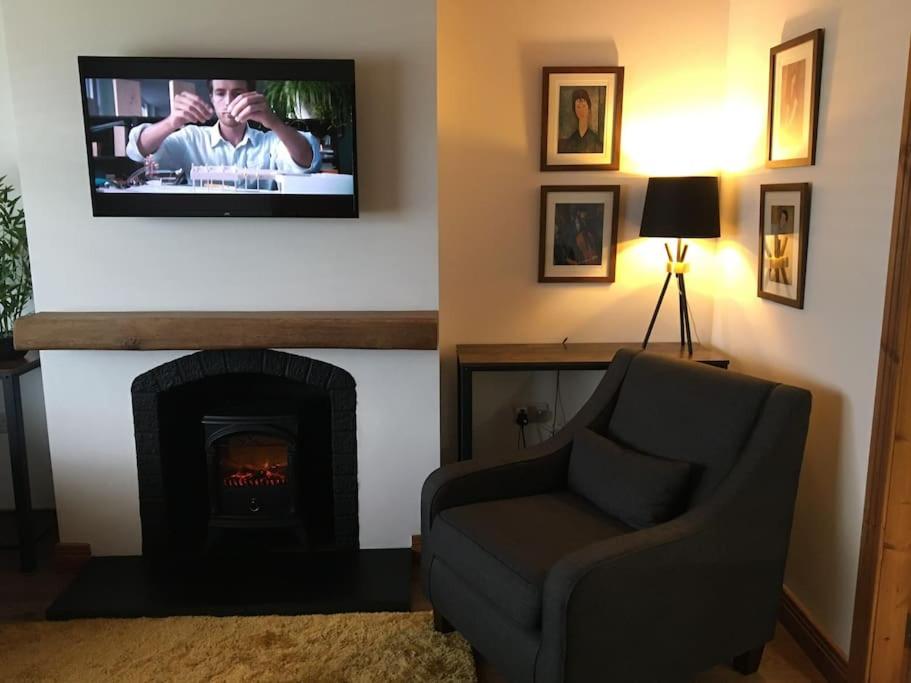 un soggiorno con camino e TV di Comfy Cottage a Ballymena