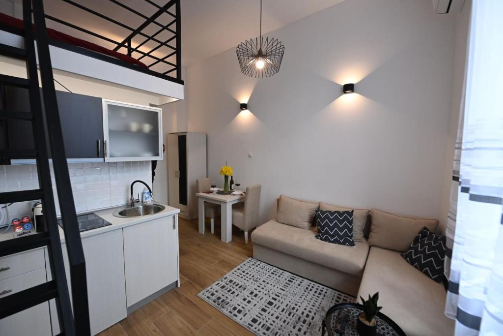 Il comprend un petit salon avec un canapé et une cuisine. dans l'établissement BEL GALLERIES ( Karadjordjeva street ), à Sajmište