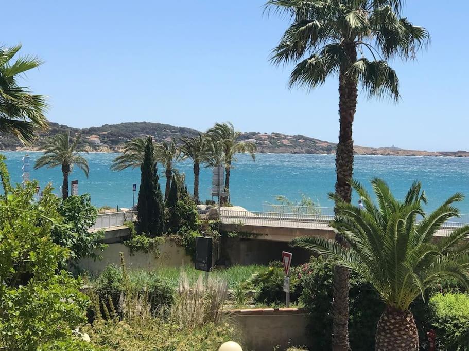 a view of a body of water with palm trees at BANDOL ROC BEACH VUE MER Grand T3 face à la plage avec parking in Bandol