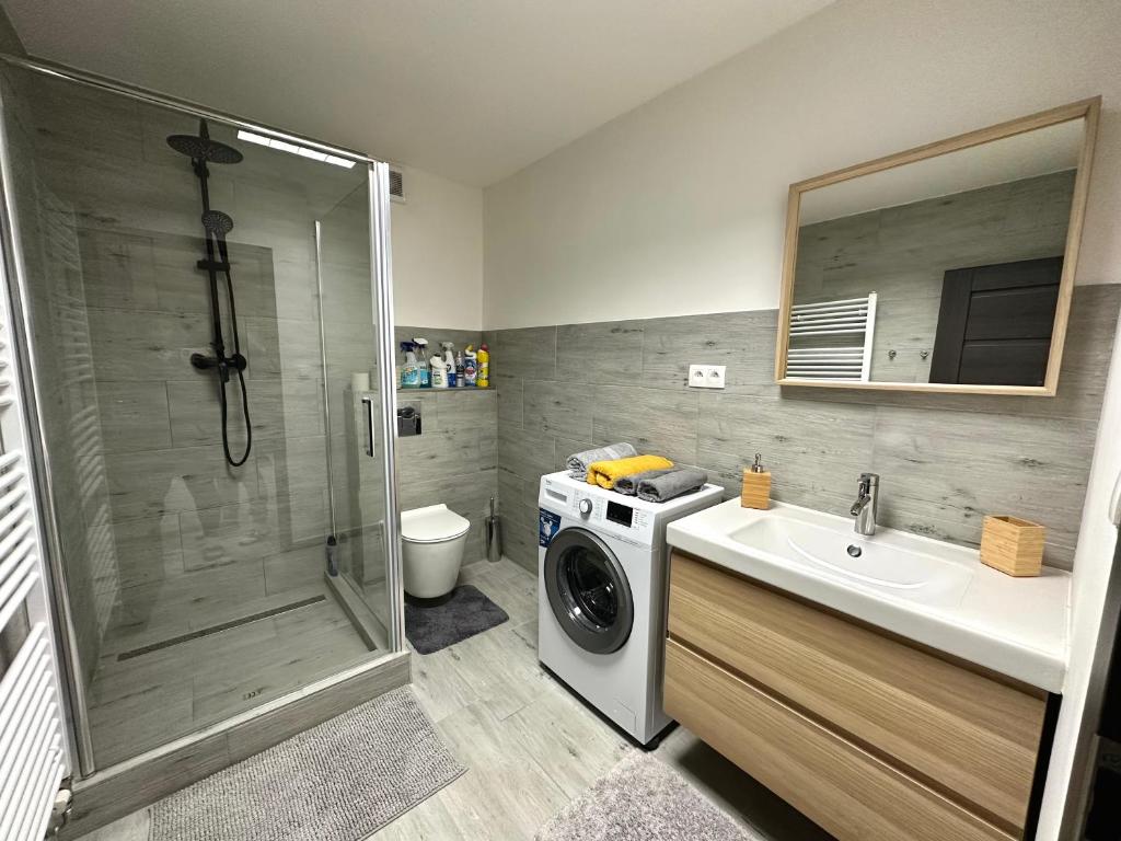 a bathroom with a washing machine and a sink at Apartmán Pantáreň in Čadca