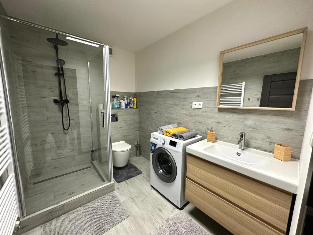 a bathroom with a washing machine and a sink at Apartmán Pantáreň in Stará Bystrica