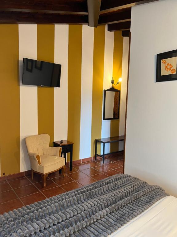 a bedroom with a bed and a chair and a tv at Posada La Vieja Escuela in La Revilla