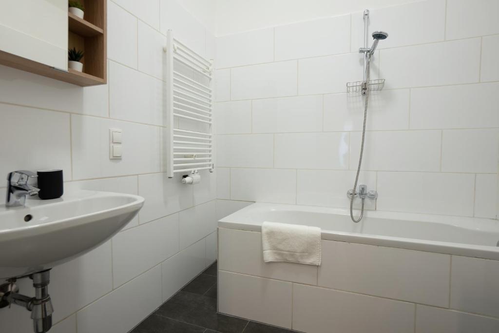 A bathroom at Modern hotel-styled apartment in the second district of Vienna.