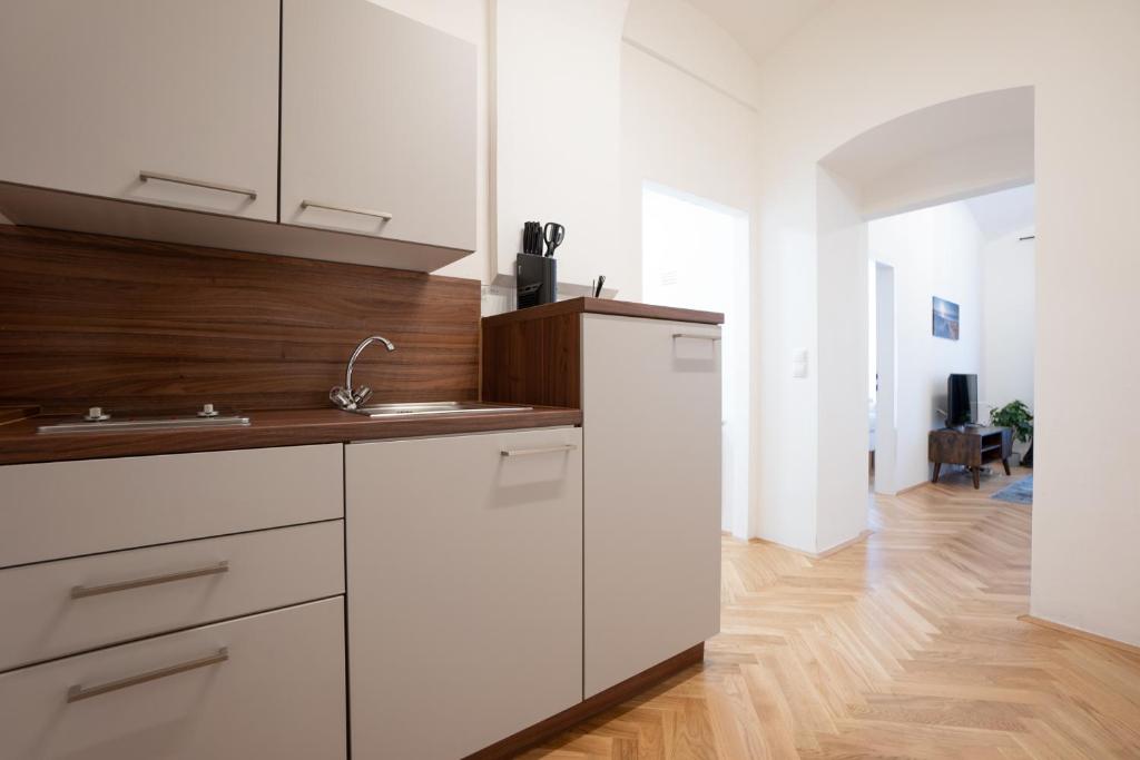A kitchen or kitchenette at Modern hotel-styled apartment in the second district of Vienna.