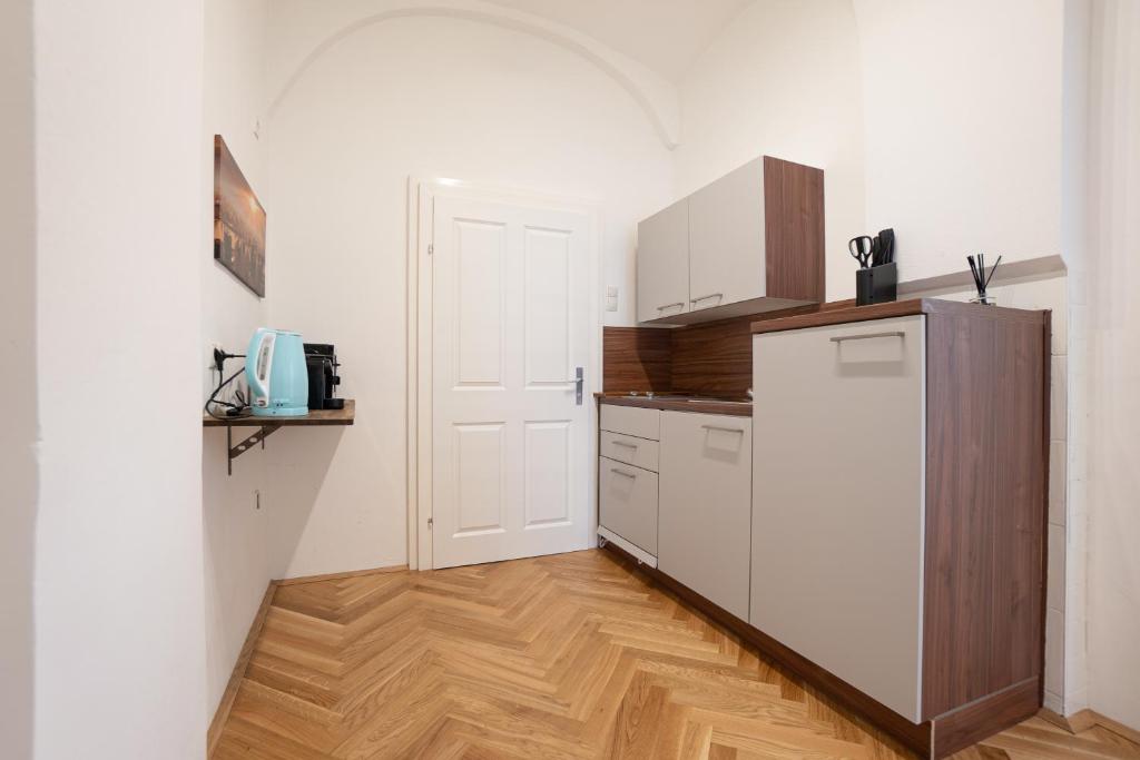 A kitchen or kitchenette at Modern hotel-styled apartment in the second district of Vienna.