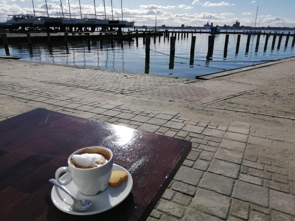a cup of coffee on a table next to a pier at Ferienwohnung MeerZeit EG in Altefähr