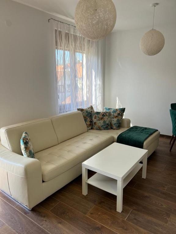 a living room with a couch and a coffee table at Monako Luxury Apartment in Vrnjačka Banja