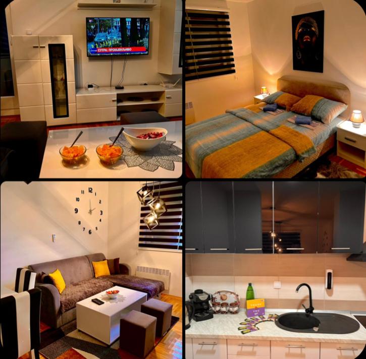 a collage of pictures of a bedroom and a living room at Lux 05 in Lukavica