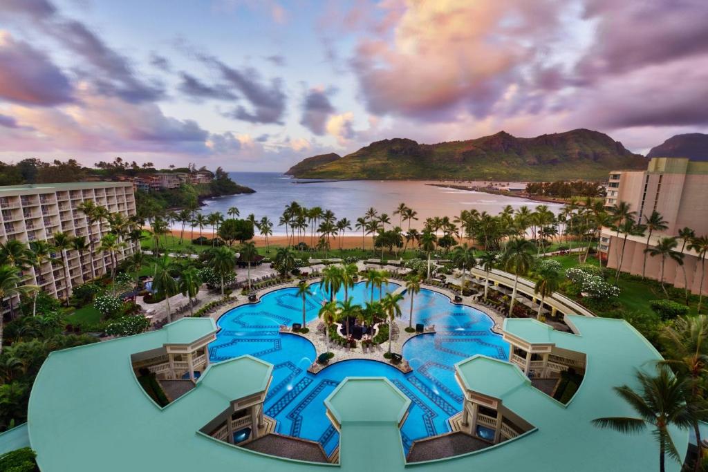 an aerial view of a resort with a view of the ocean at Marriott's Kaua'i Beach Club in Lihue