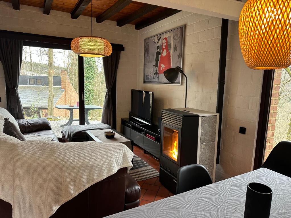 a living room with a fireplace and a tv at Wood House in Blaimont