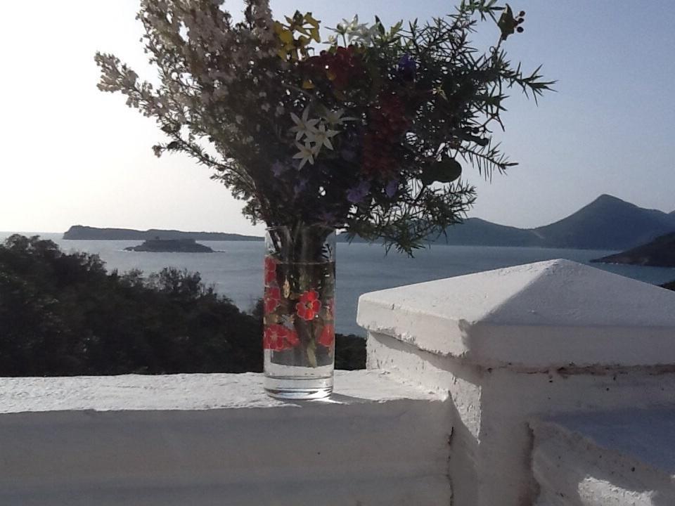 een vaas gevuld met bloemen op een richel bij Villa Mirista in Lustica