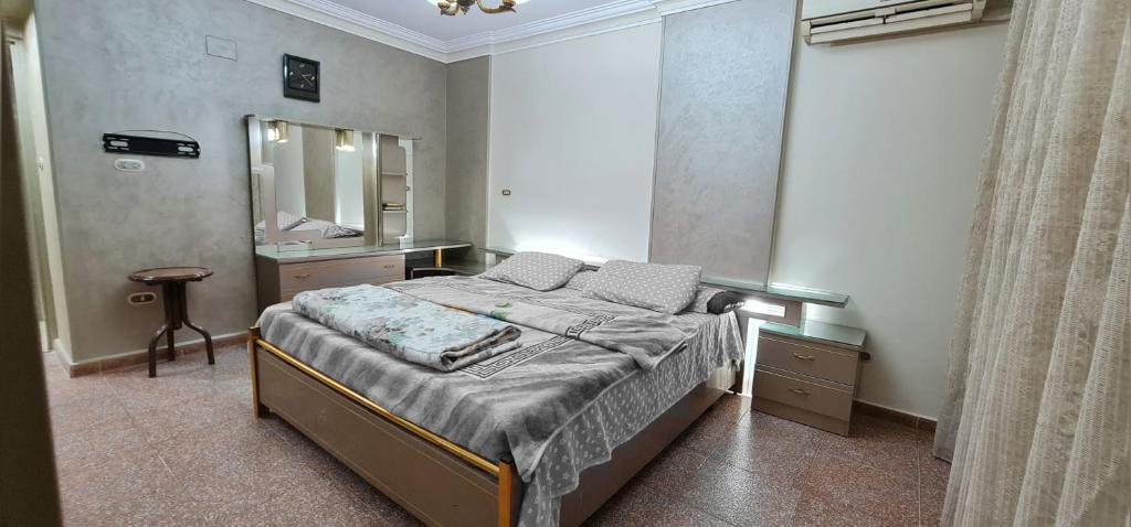 een slaapkamer met een groot bed en een spiegel bij Comfy 2 Bedrooms Apartment in Cairo 98-4 in Caïro