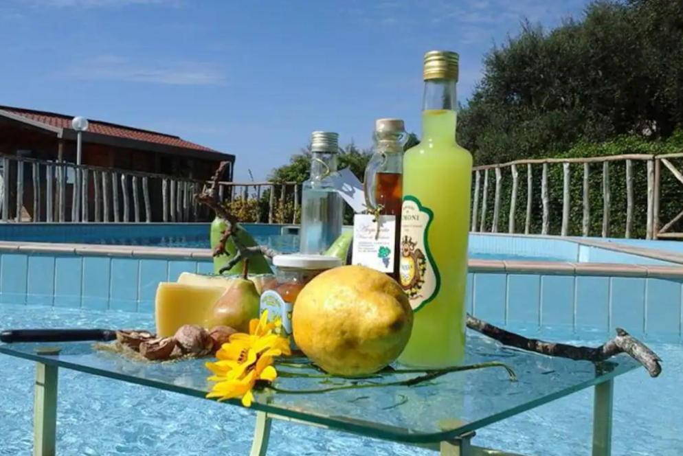 a glass table with a bottle of wine next to a pool at Agriturismo Castanito in Vico Equense