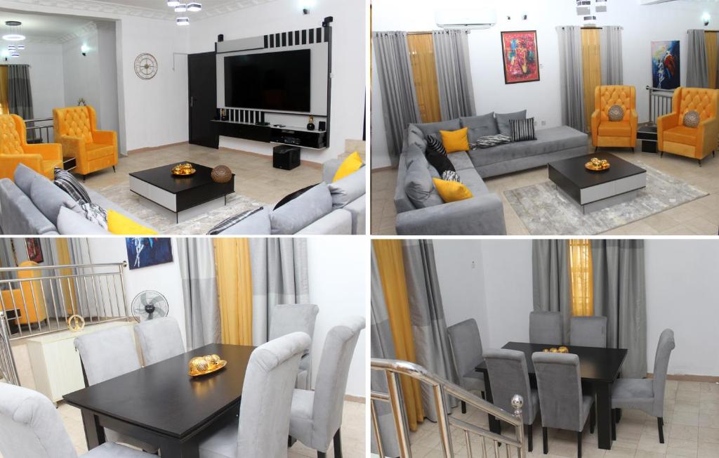 a living room with couches and a dining room at Laribond's Place in Lagos