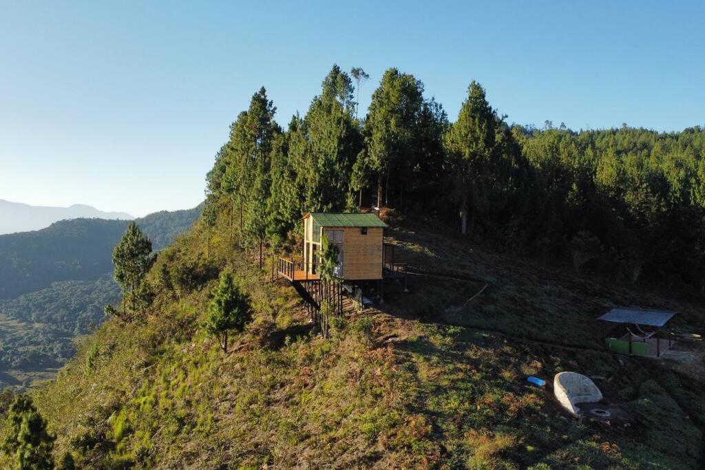 mały domek na szczycie wzgórza z drzewami w obiekcie Entre Cumbres - Cabaña con vista a la cordillera 