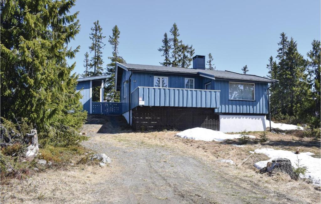een blauw huis aan de kant van een onverharde weg bij 3 Bedroom Amazing Home In Sjusjen in Sjusjøen