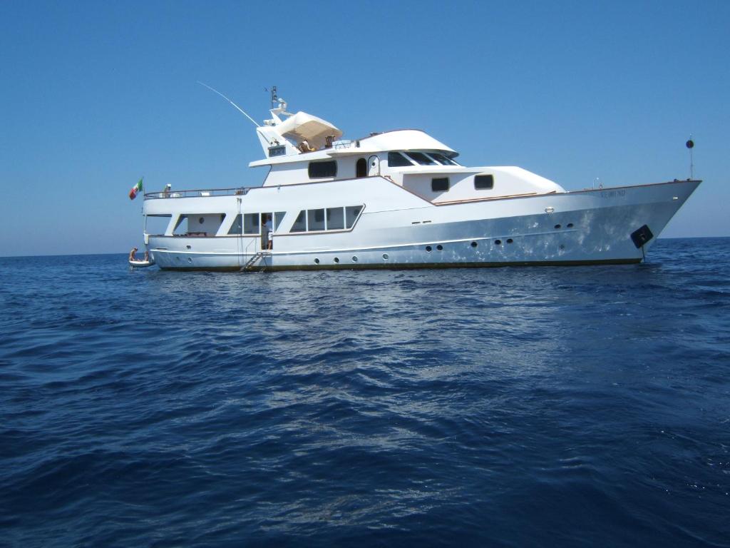 蒙地卡羅的住宿－La Voglia Matta，一艘大白船坐在水中