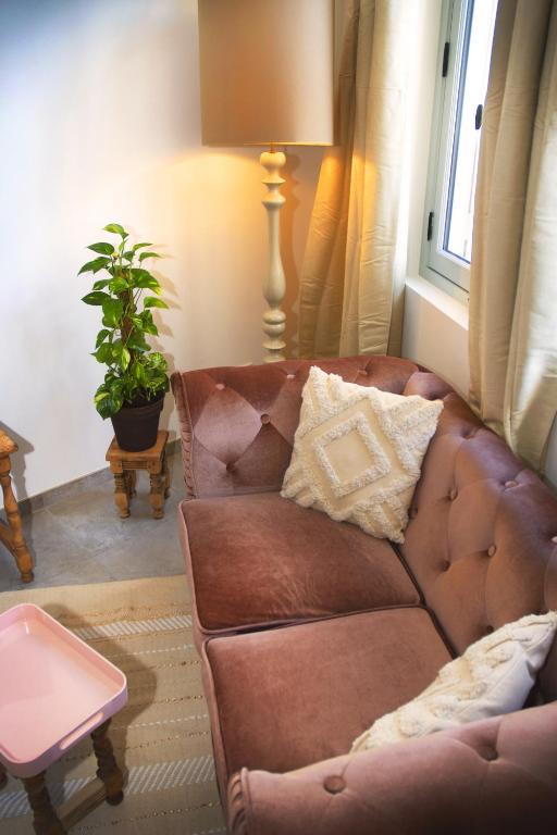 a brown leather couch in a living room with a plant at Résidence Pompidou Libourne in Libourne