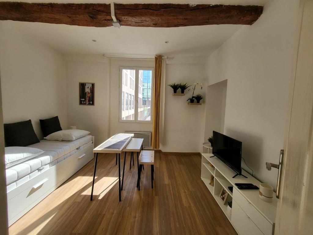 a living room with a couch and a television at Studio sur le port de Toulon in Toulon