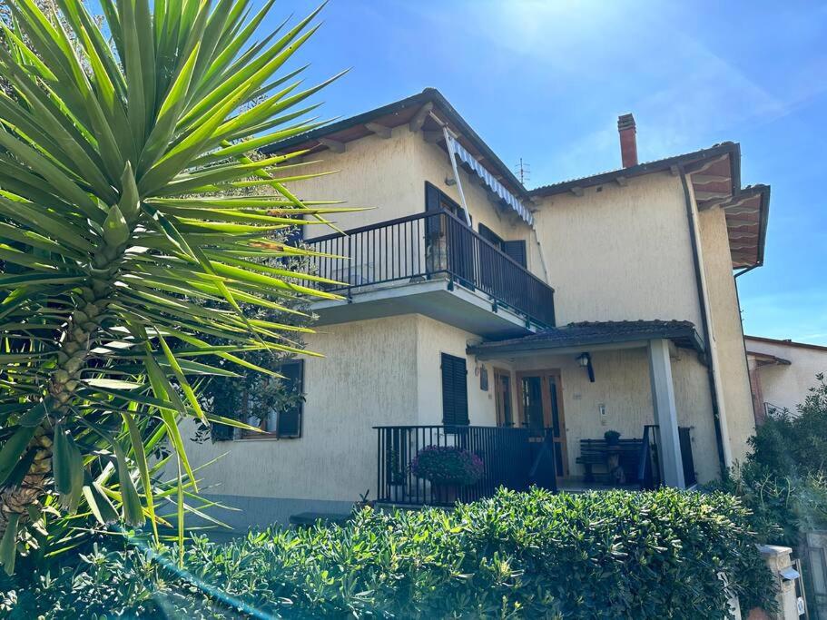 een wit huis met een balkon en een palmboom bij Appartamento Albatros in Ribolla