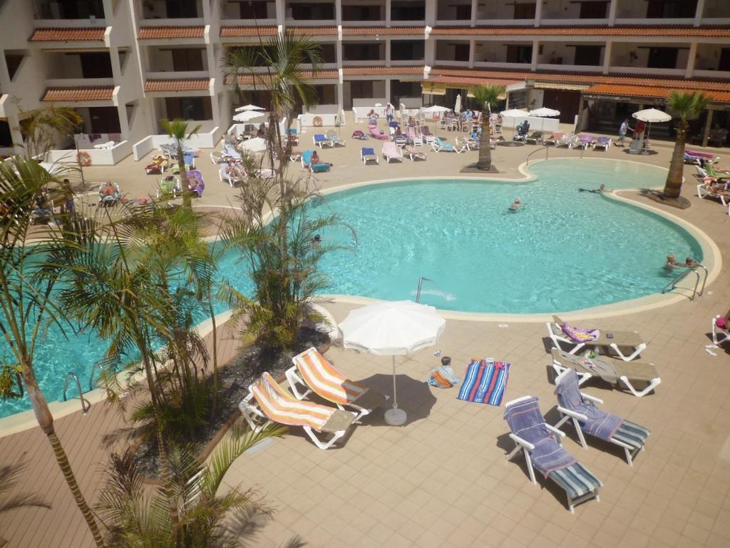 an overhead view of a swimming pool with lawn chairs and umbrellas at Beach View in Los Cristianos