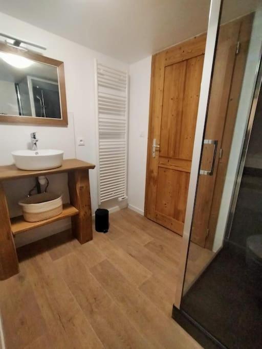 W łazience znajduje się umywalka, lustro i prysznic. w obiekcie Aux balcons de la vallée w mieście Soultzeren
