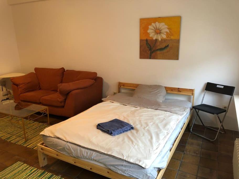a bed in a living room with a couch at Centrally located apartment Luxembourg in Luxembourg