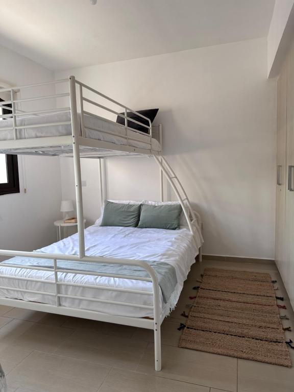 1 dormitorio con 2 literas y alfombra en Seana House in a luxury resort in Protaras area close to the Sea, en Paralimni