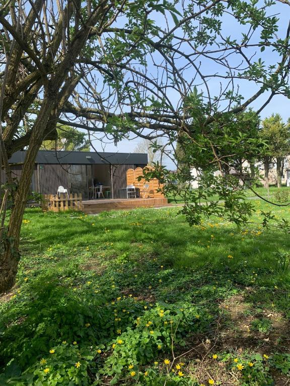 une cour avec un bâtiment en arrière-plan dans l'établissement L'endroit : Studio de jardin adapté PMR 40m2, à Aigrefeuille-dʼAunis