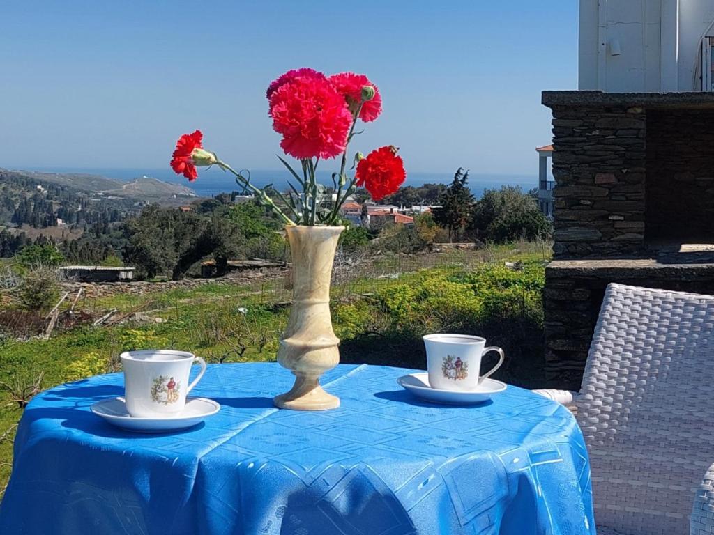 una mesa con dos tazas y un jarrón con flores rojas en Sofi's House, en Ándros