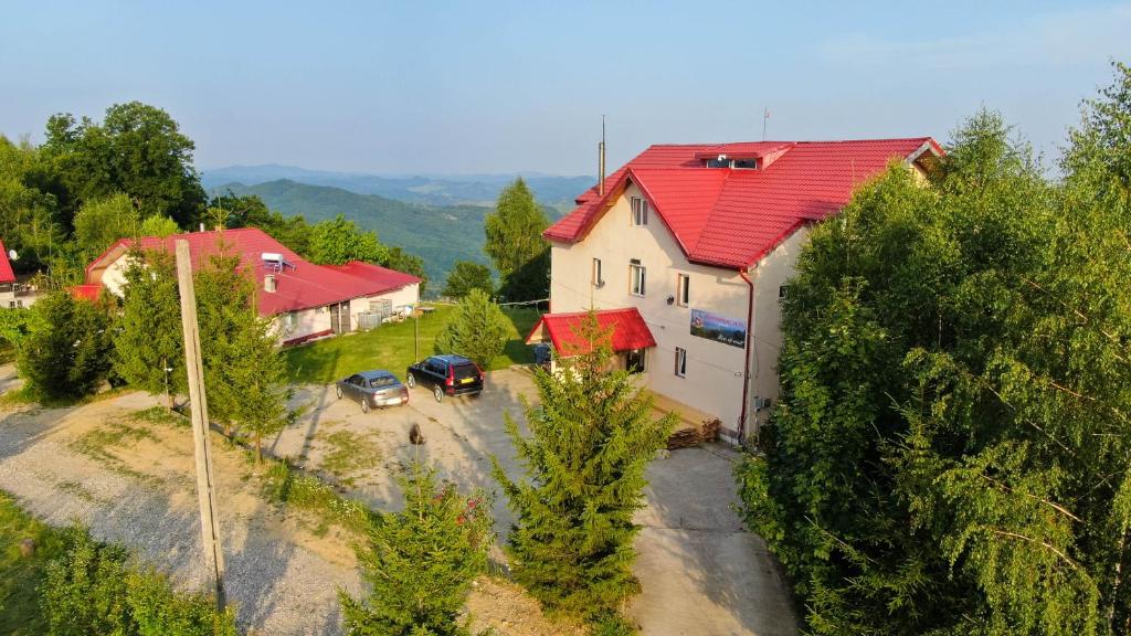 uma vista aérea de uma casa com um telhado vermelho em Pensiune Runcu Stone em Runcu