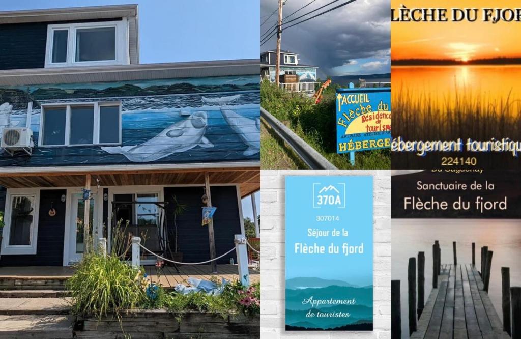 uma colagem de três fotos de uma casa com um sinal para departamento aptic em Suite 2, Flèche du fjord, vue Saguenay, Mont Valin em Saint-Fulgence