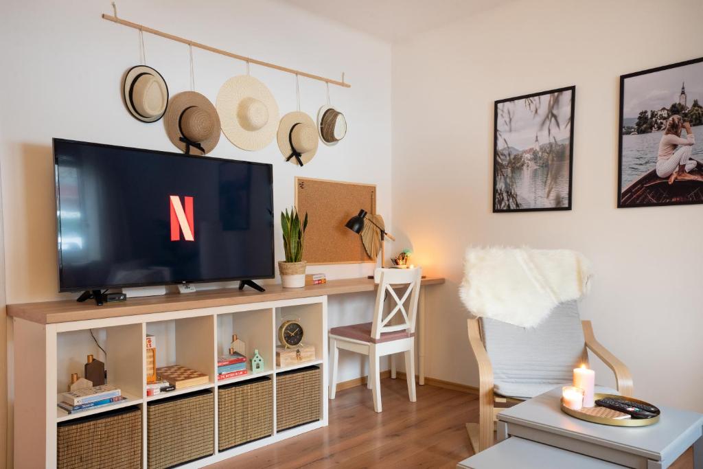 ein Wohnzimmer mit einem TV und einem Stuhl in der Unterkunft Hygge House Bled in Bled
