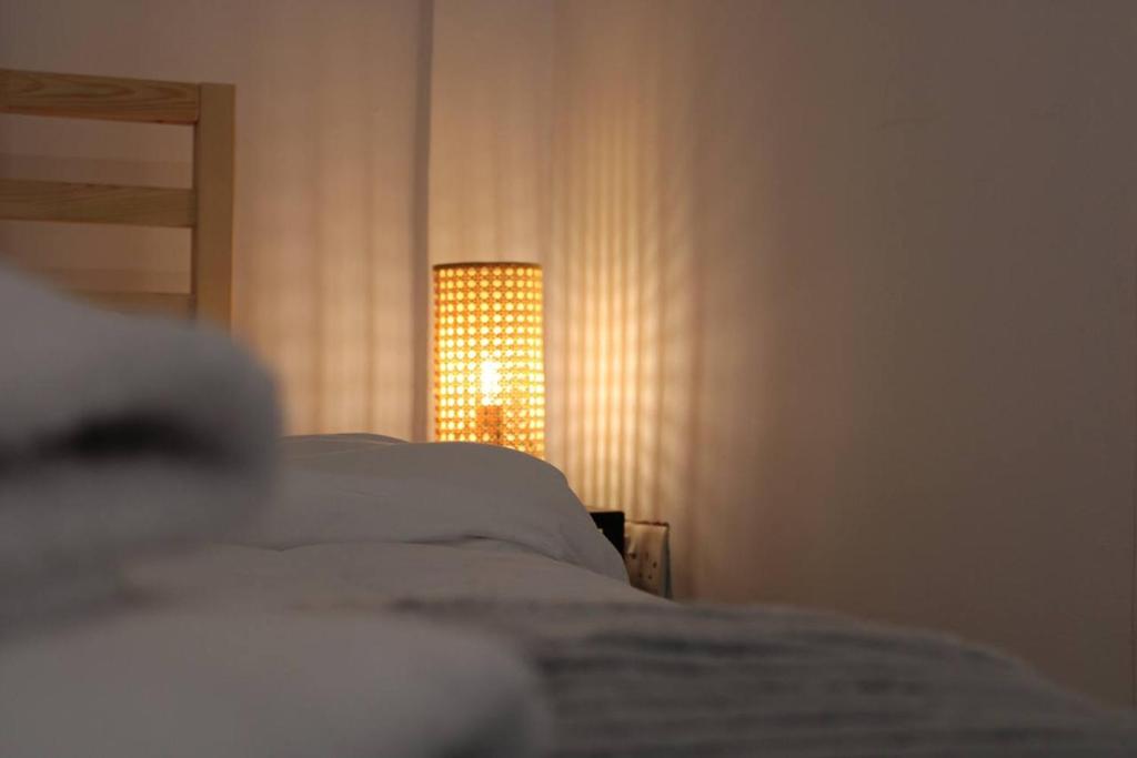 ein Schlafzimmer mit einem Bett mit einem Licht in der Ecke in der Unterkunft Katsikantaris Homes in Paphos City