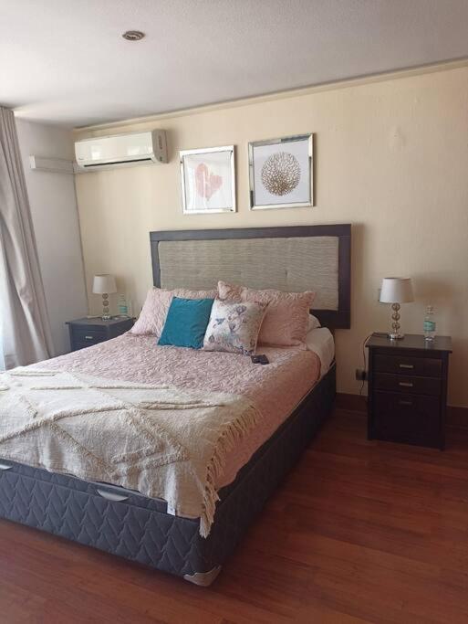 a bedroom with a large bed with pillows on it at Metro Pedro de Valdivia, Aire Acondicionado in Santiago