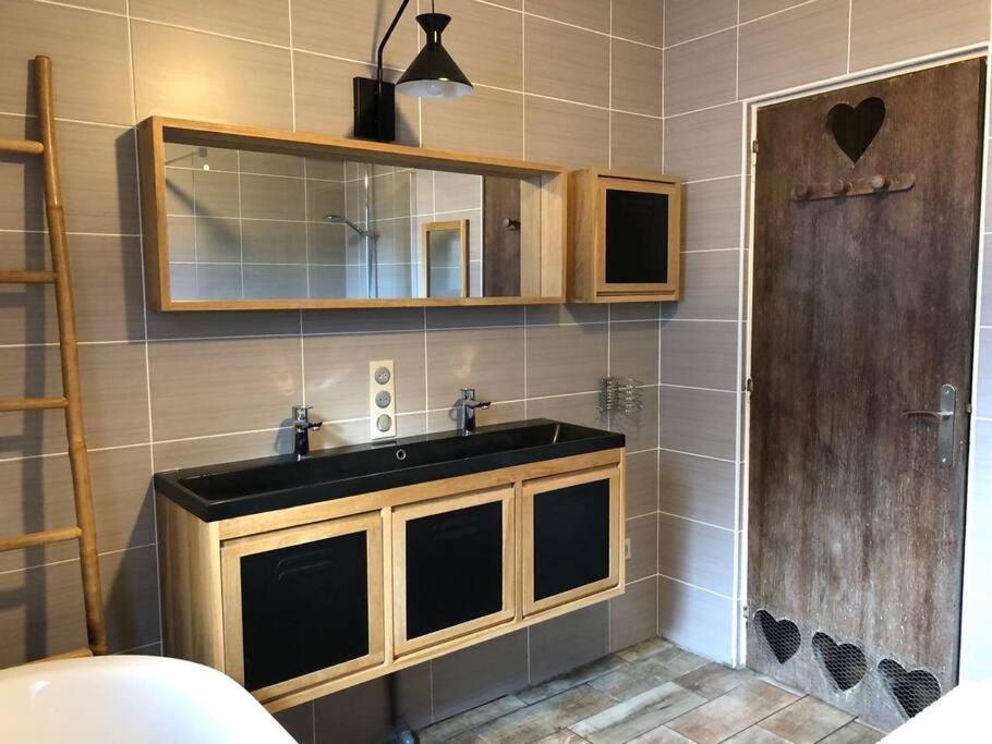 łazienka z umywalką i lustrem w obiekcie La Maison de Suzanne w mieście Murol