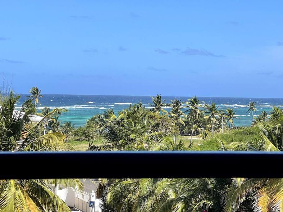- une vue sur la plage bordée de palmiers et l'océan dans l'établissement Appartement vue mer, à Le Moule