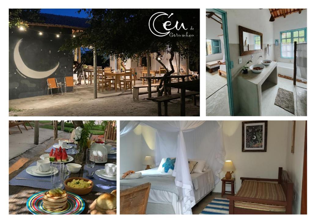 a collage of pictures of a living room and a kitchen at Pousada Céu de Corumbau in Corumbau