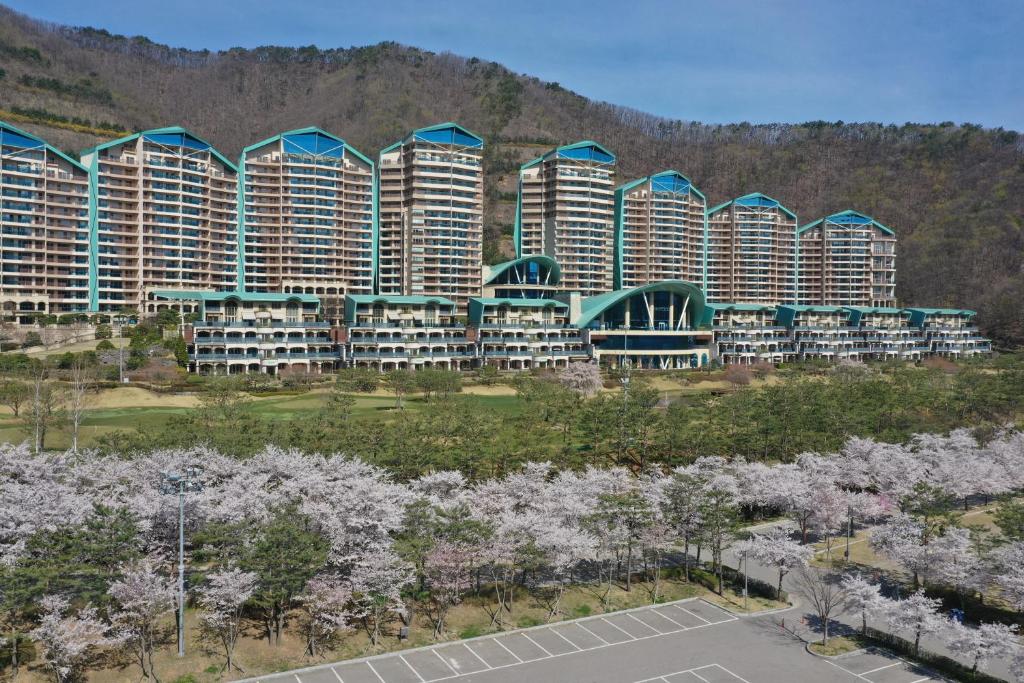an aerial view of a resort with trees and buildings at Sono Felice Vivaldi Park in Hongcheon