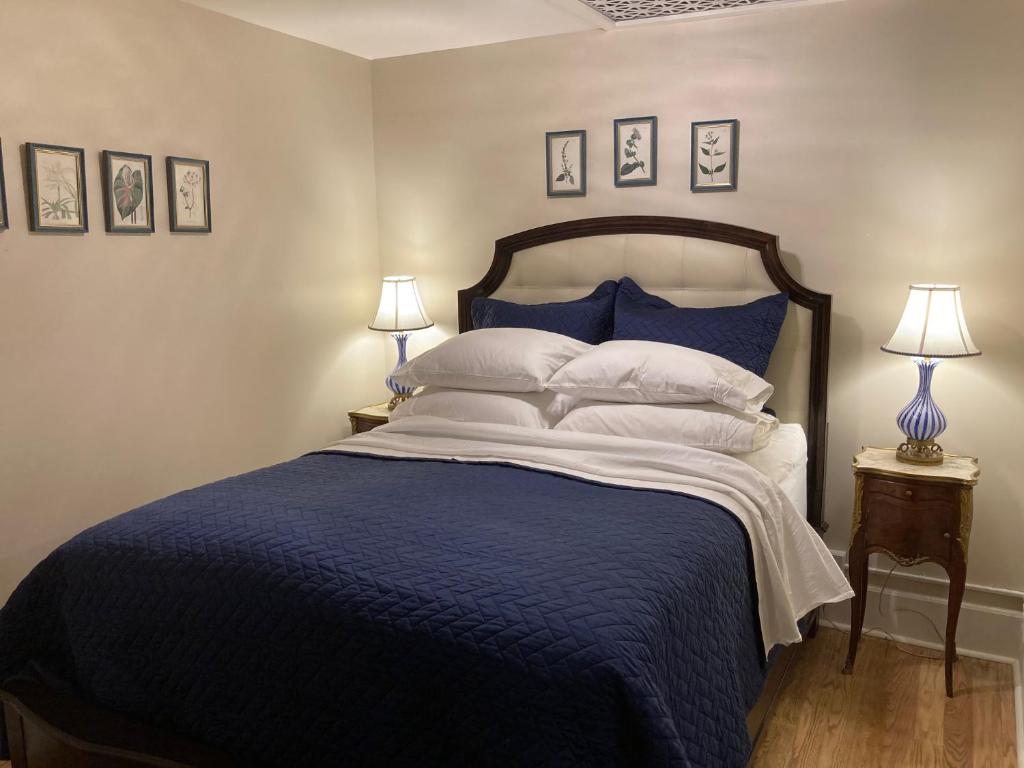 a bedroom with a bed with blue sheets and pillows at Pineapple House, Cozy Garden Apartment, City Center! Marble-Tiled Bathroom! FREE parking! in Denver