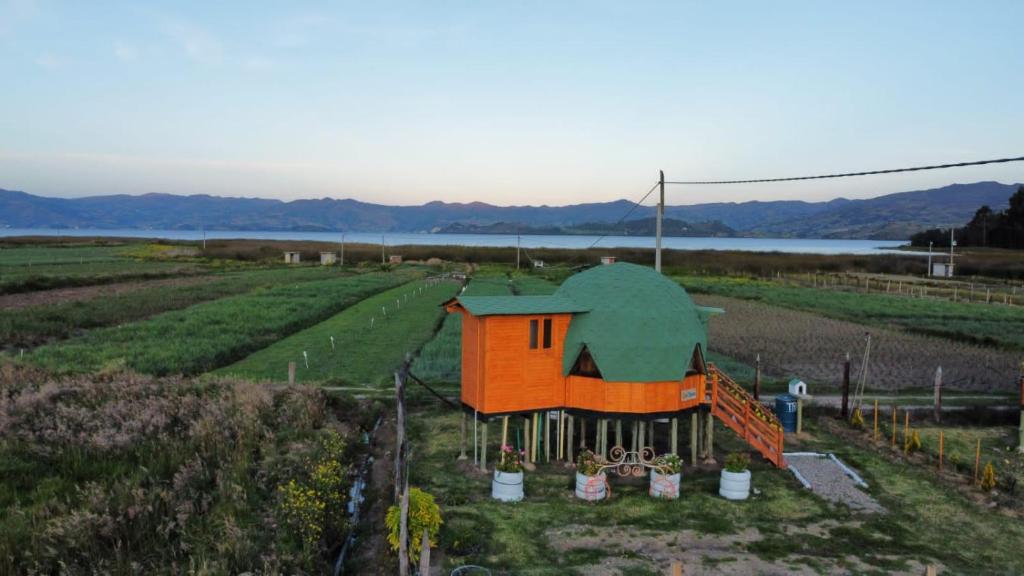 a small house with a green roof in a field at Glamping y Cabañas el Encanto- los novios in Tota