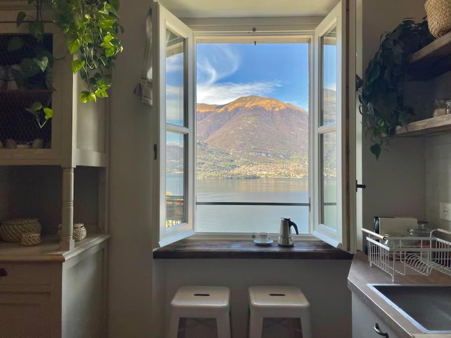 萊澤諾的住宿－Il Noce Lake View Apartment，厨房设有山景窗户。