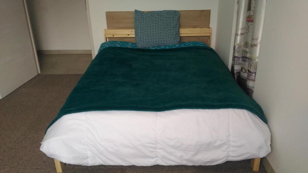 een bed met een groene deken erop bij Chambre Privee Salle de Bain Privee centre ville Claye in Claye-Souilly