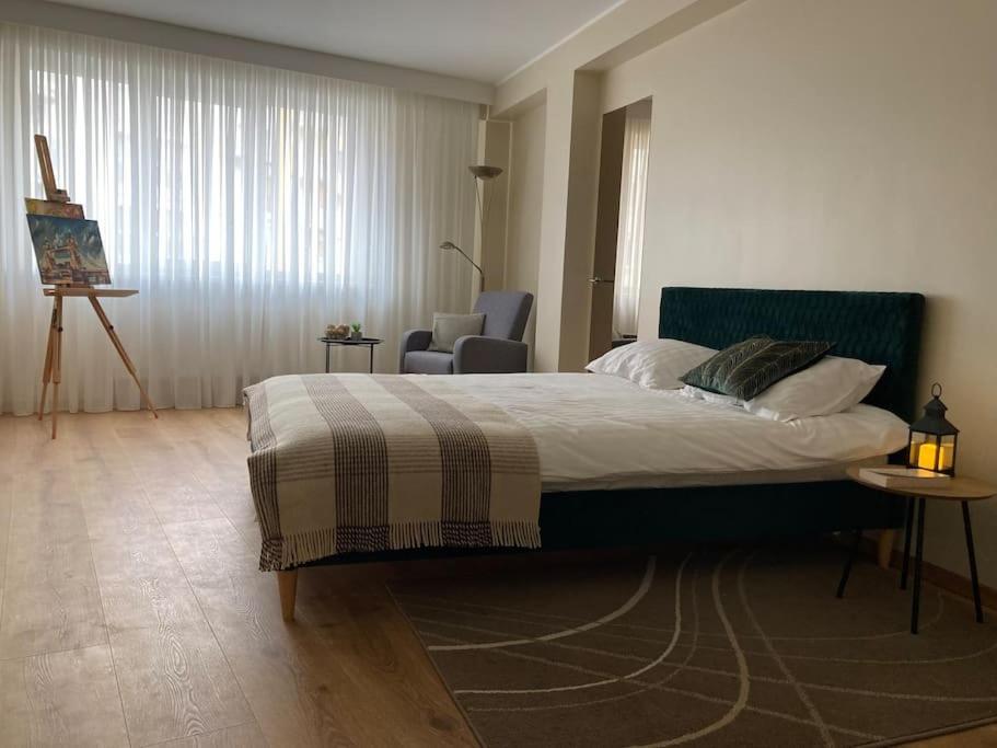 um quarto com uma cama grande e uma cadeira em Lovely 2-bedroom apartment in Chisinau centre em Chisinau