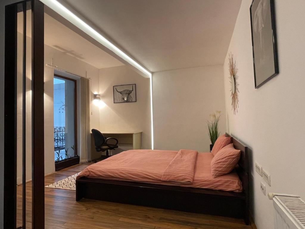 ein Schlafzimmer mit einem Bett in einem Zimmer mit einem Spiegel in der Unterkunft Savoya5 Old CityCenter Selfcheckin WorkspaceStudio in Timişoara
