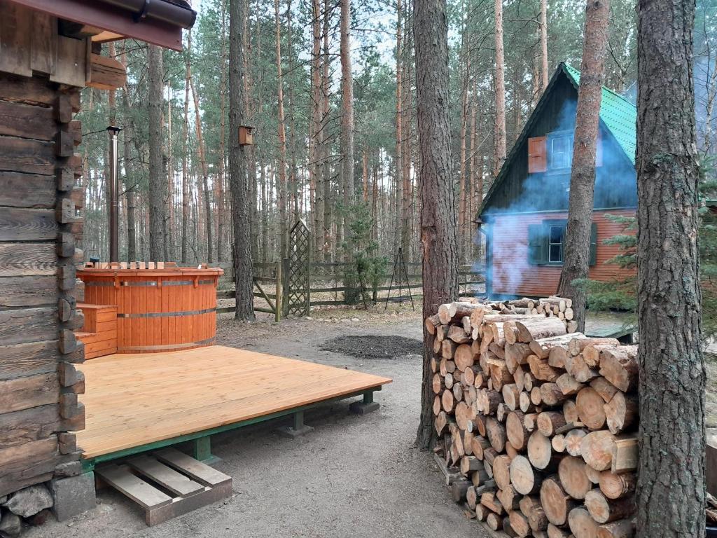 una cabaña de madera con un banco y un montón de troncos en Domek Leśny Klimat, en Serpelice