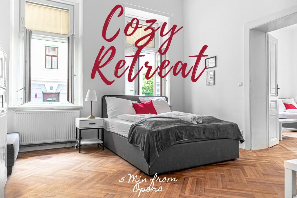 sypialnia z napisem "Przytulny wypoczynek" w obiekcie Classy 2BR Apt. w/ Exclusive Location near AKH w Wiedniu