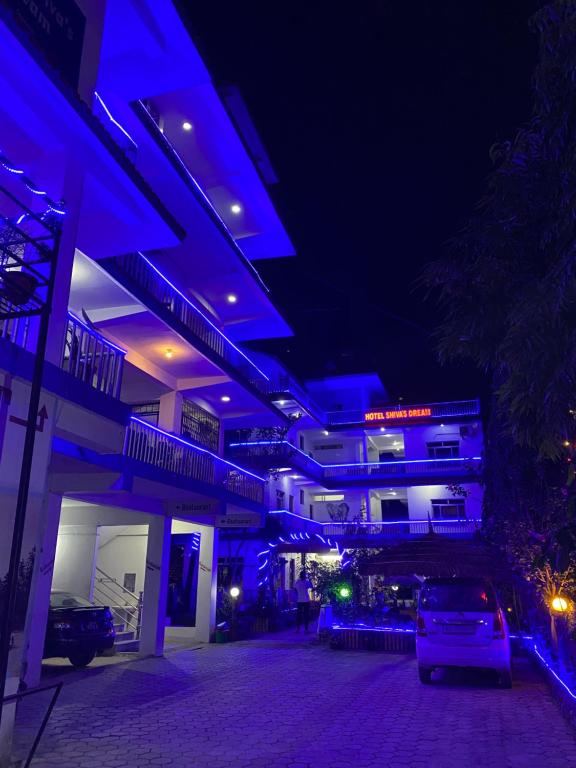 a building with blue lights on it at night at Hotel Shiva's Dream in Sauraha