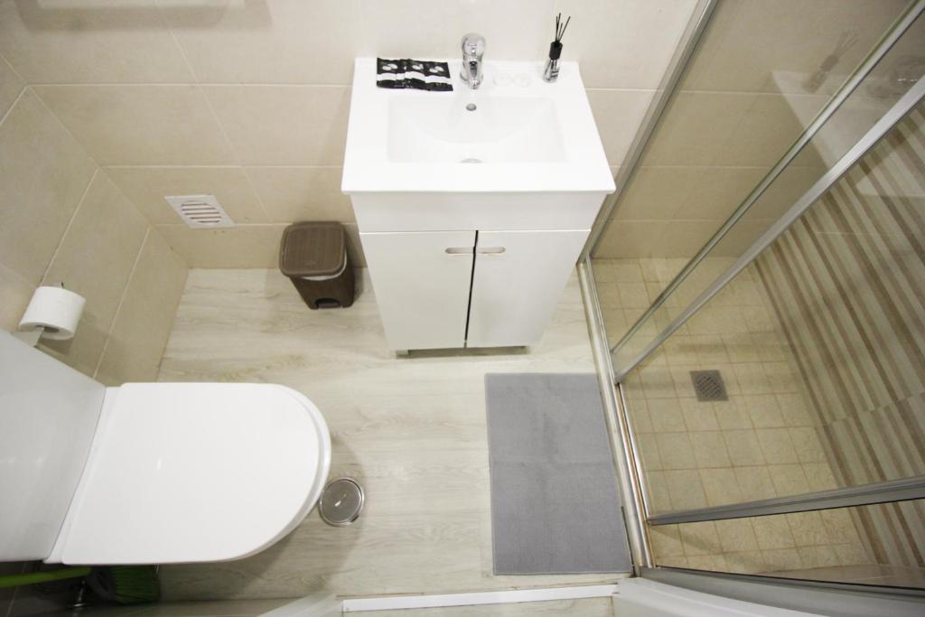 y baño con aseo, lavabo y ducha. en Oriente DNA Studios, en Lisboa